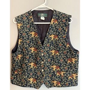 VTG Orvis‎ Vest Women  Blue Tapestry Elephants Lined Buttons Pockets USA 90s M